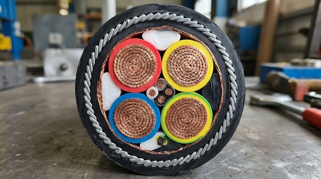 Cross section of industrial cable with many metal wires