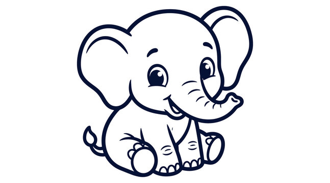 Cute Baby Elephant Cartoon Outline Vector Illustration Isolated on White
