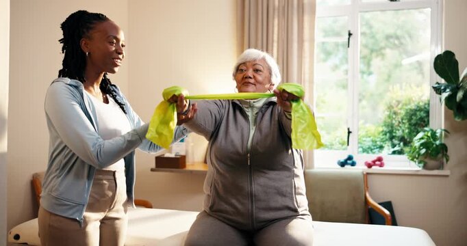 Physiotherapist, stretching and old woman in clinic with resistance band, advice and wellness tips. Happy, senior person and talk with physical therapist for mobility exercise, fitness and support.