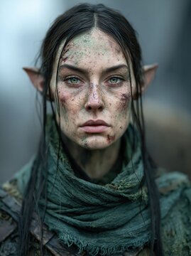 Intense portrait of a battle-scarred fantasy elf