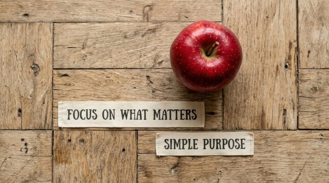 Fresh red apple sits on a rustic wooden floor next to fabric labels saying focus on what matters and simple purpose, showcasing a minimalist healthy lifestyle and mindful living for daily well being