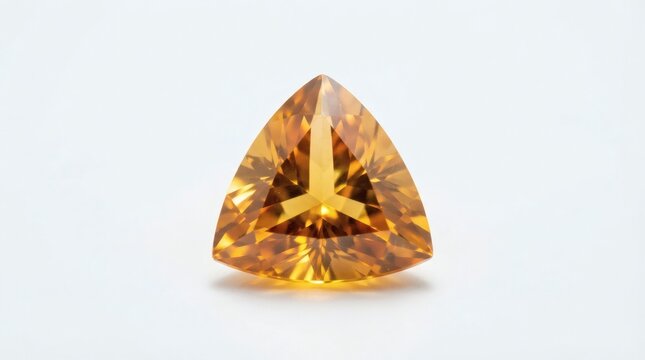 Brilliant faceted orange gemstone cut in a trilliant shape isolated on a clean white background, perfect for jewelry design and luxury collection