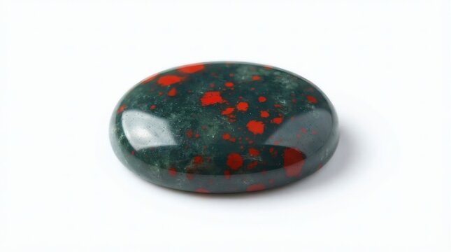 Polished oval dark green gemstone with striking red speckles, a natural mineral cabochon isolated on white background, highlighting its patterns and smooth surface