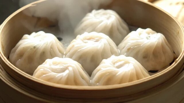 The steaming hot dumplings in the steamer, the steaming hot buns in the steamer