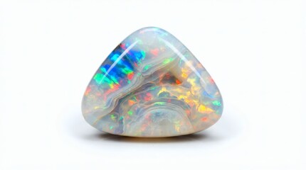 Obraz premium Polished triangular fire opal gemstone displaying vibrant iridescent colors isolated on a white background