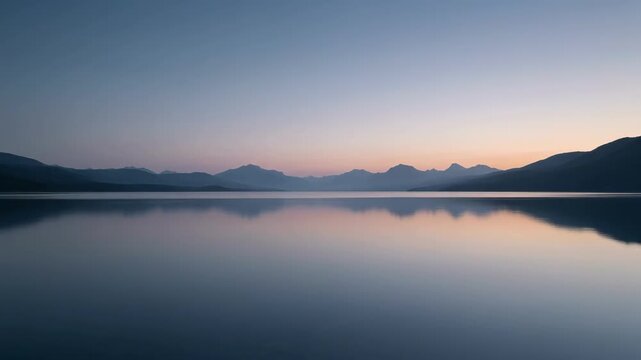 Calm lake reflecting mountains during tranquil sunset or sunrise