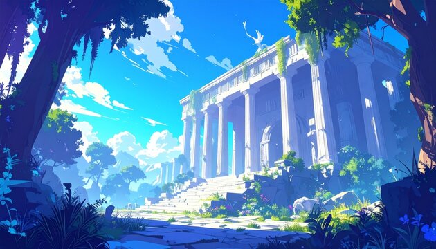 Ancient Greek Temple in a Lush Forest Landscape.