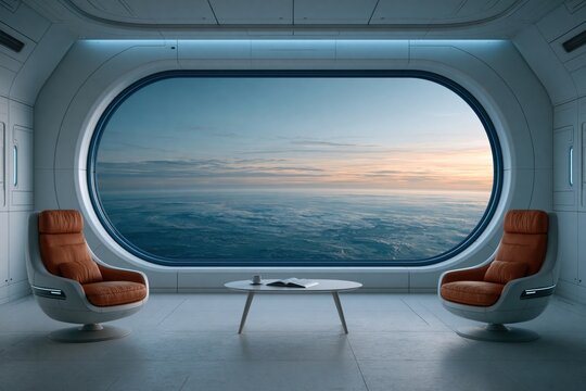 Futuristic lounge with Earth view from a spacecraft