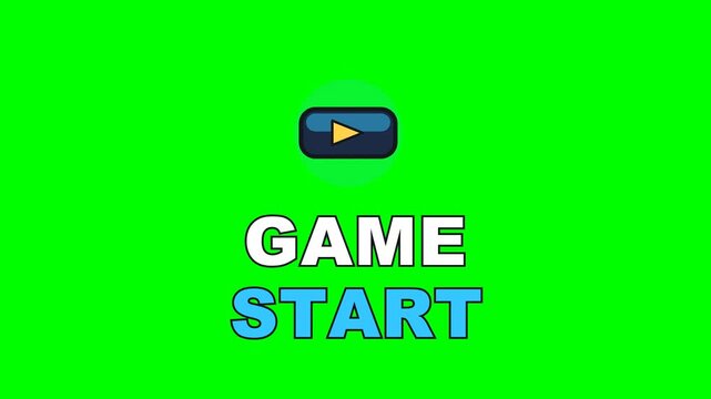 4K green screen GAME START animated text - a glowing start button, kinetic typography gaming overlay for streamers gamers and social media, chroma key