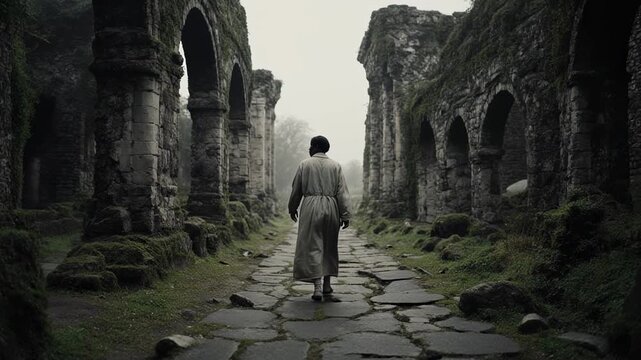 Lonely Traveler Walks Through Ancient Ruins At Dusk.