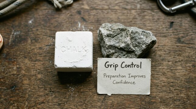 White climbing chalk block rests beside a natural grey stone on a wooden surface with a motivational note saying grip control preparation improves confidence for athletes and rock climbers