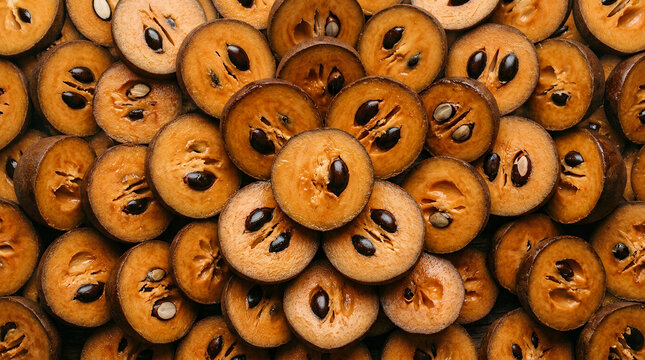 Sliced sapote fruits arranged beautifully with a vibrant hue and natural textures