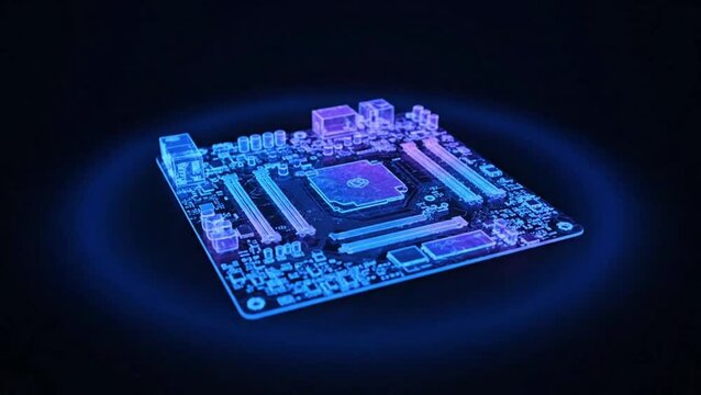Abstract digital representation of a computer motherboard with glowing neon blue and purple lights.