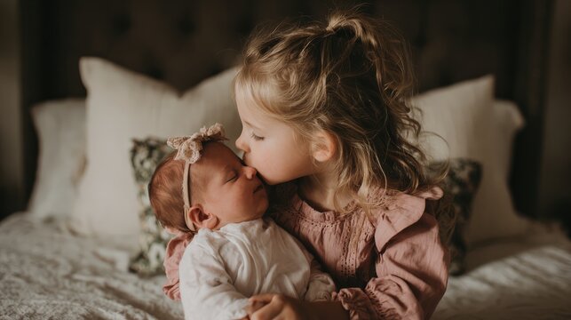 A young girl tenderly kisses her newborn sibling on the forehead while holding the baby gently in a cozy, softly lit bedroom setting.