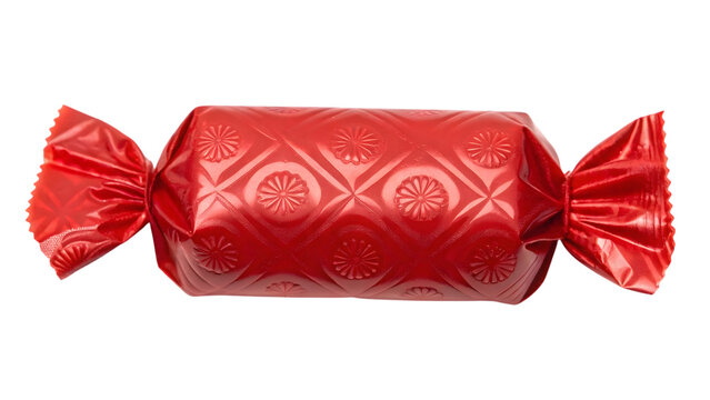 Glossy red candy wrapped in shiny foil isolated on transparent background for festive design projects