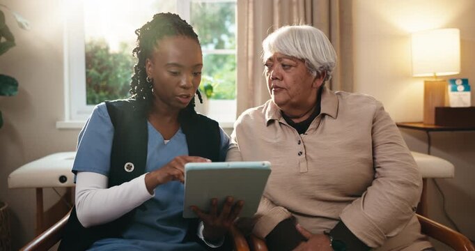Nursing home, old woman and caregiver with tablet, discussion or explaining medical diagnosis on web. Healthcare, advice and chat with senior person, homecare and nurse with tech for treatment plan