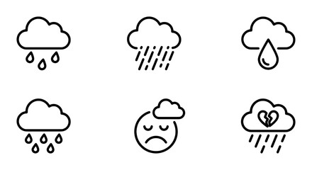 Obraz premium Minimalist weather icons set, black line art clouds with rain and storm symbols, sad face and broken heart metaphors for depression and bad mood