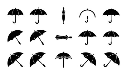 Black umbrella icon set, 14 flat vector silhouettes of rain protection gear, minimalist parasol symbols for weather forecasting and web design © Md