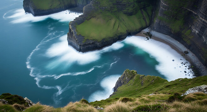 Ocean Waves Long Exposure Grassy Cliffs Top Down View