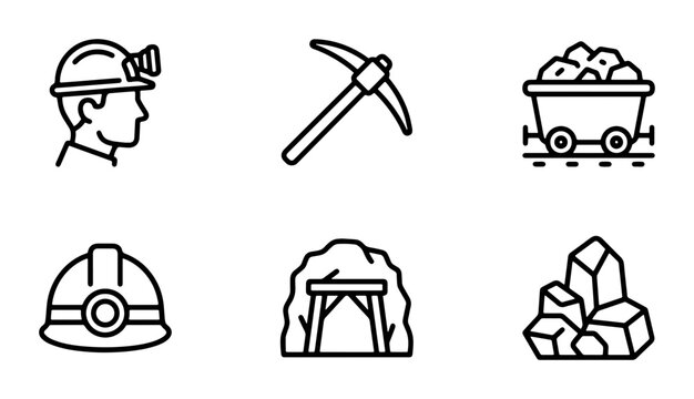 Mining industry line icon set, coal mine worker and equipment symbols, professional extraction and geology vector collection for industrial infographics