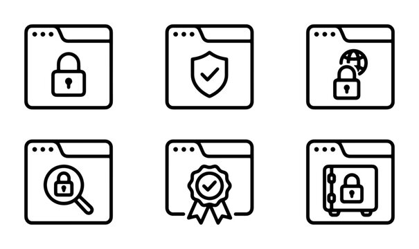 Cyber security web browser icons set, 6 outline vector elements for internet safety, secure website interface symbols for data protection