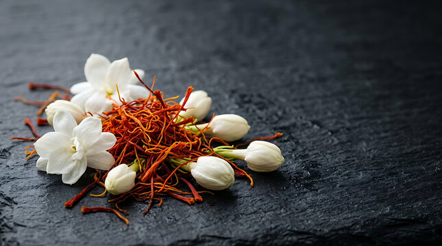 Close-up of dried red saffron threads piled on a dark textured stone background with white jasmine flowers and buds, luxury spice and herbal aromatherapy concept with copy space.