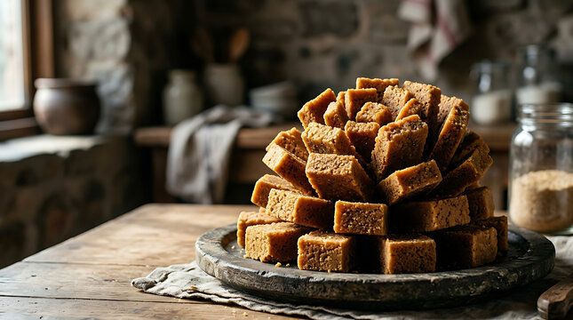 Stacked cubes of Mysore Pak, a traditional Indian gram flour and ghee sweet, arranged on a circular wooden plate in a rustic stone kitchen with soft natural window lighting.