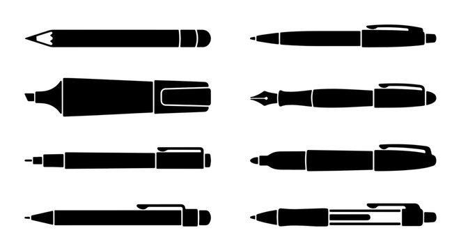 Minimalist pen and pencil icons set, black silhouette stationery collection, 8 office writing tools vector, professional drawing equipment for business