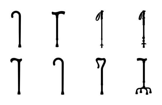 Walking cane silhouette set with 8 icons, medical mobility aids for elderly and disabled, orthopedic walking sticks and hiking poles vector