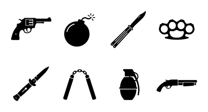 Criminal weapon silhouette icons set, black weapon vector symbols including gun, bomb and knife, 8 weapon elements for gaming and security design