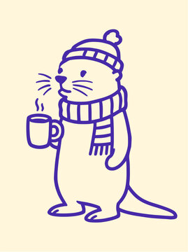 Hand Drawn Otter Wearing Winter Hat Holding Hot Drink Vector Illustration