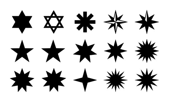 Minimalist black star icons set, collection of 15 geometric star shapes and sparkles, flat vector symbols for UI design and branding