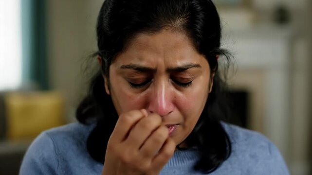 Female indoor blowing nose material, sad crying woman