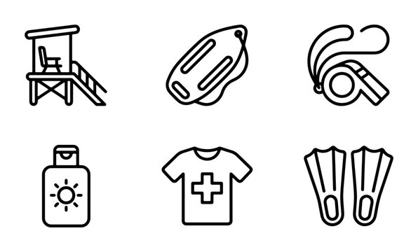 Lifeguard beach safety icon set, 6 outline vector elements for water rescue. Professional lifeguard equipment icons, coastal security and first aid symbols.
