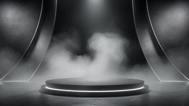 Empty dark stage with spotlight and mist on a round platform