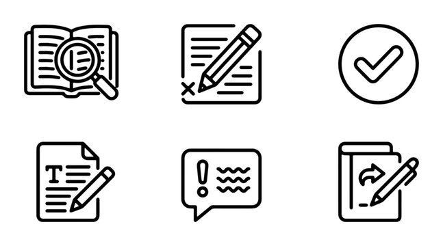 Minimalist line icons for editing and copywriting, set of 6 vector symbols for proofreading and content creation, black outline document and writing icons