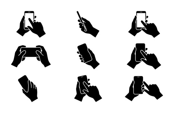 Black silhouette hands holding smartphone vector icons, mobile phone touch screen gestures set, 9 minimalist hand and device illustrations for UI design