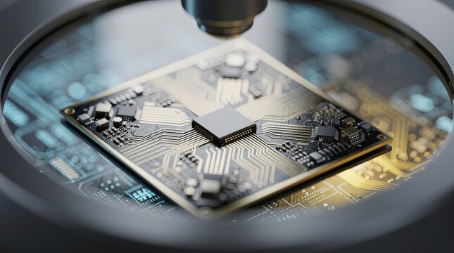 Close-up of a microchip on a circuit board, viewed under a microscope with detailed pathways and components illuminated.