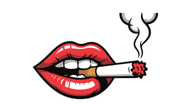 Classic comic style vector illustration of red lips biting on a burning cigarette with smoke against white space.