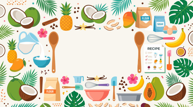 Celebrate World Coconut Day with delicious tropical food recipe frame background featuring fruits and baking ingredients