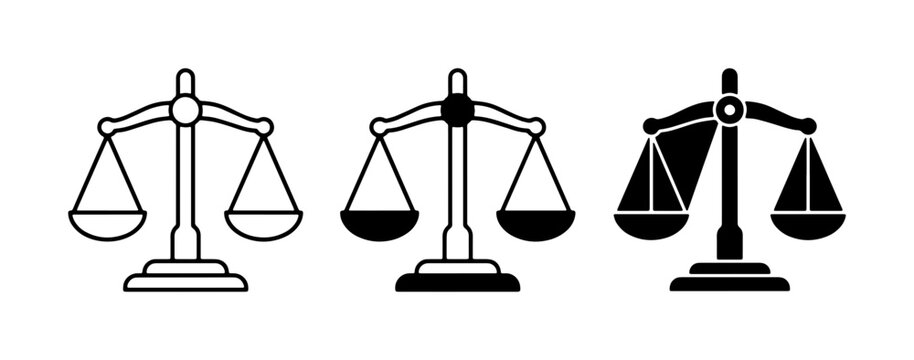 Justice scale icons set, black and white law balance symbols, legal system vector elements for courtroom and attorney branding