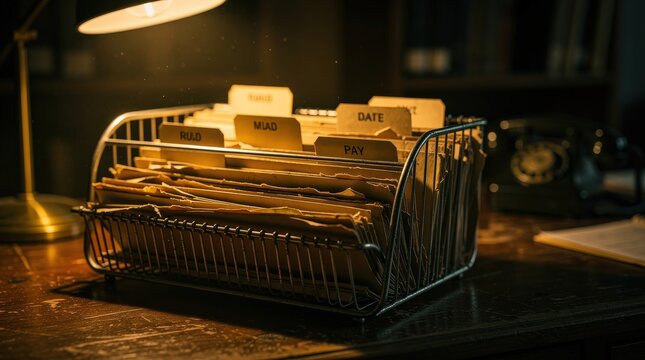 A vintage-style desk organizer holding labeled file folders under warm lighting, with an old rotary phone and lamp in the background.
