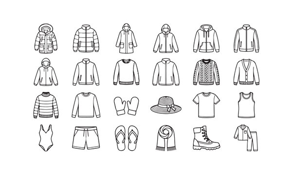 Set of various winter coats and jackets line art icons for fashion design and apparel retail stores