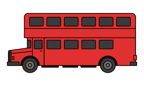 Side view of a red double-decker bus designed with clean geometric shapes and solid flat colors on a white background, modern transportation concept