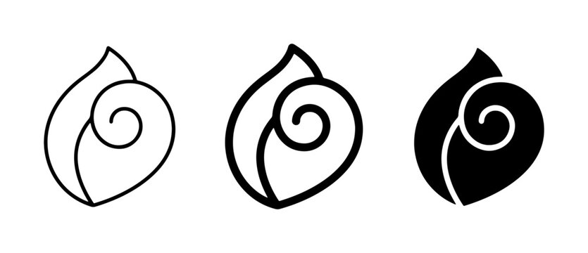 Minimalist seashell icon set, spiral sea shell vector illustrations, black and white nautilus shell line art for ocean branding and spa logos