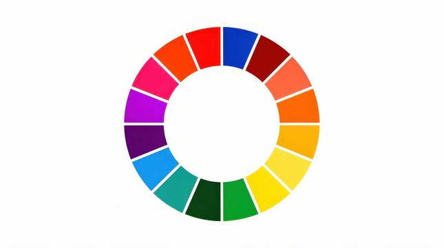 A circular arrangement of 18 color blocks in a gradient spectrum from red through purple, blue, green, and yellow on a white background.