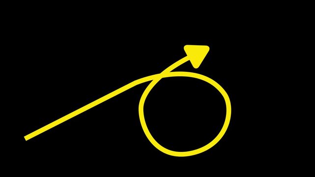 Yellow directional curved arrow line drawing a circular loop motion graphic overlay on black background