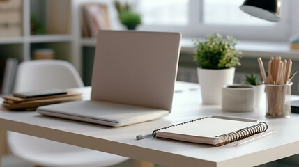 Fototapeta premium modern home office workspace with laptop and stationery