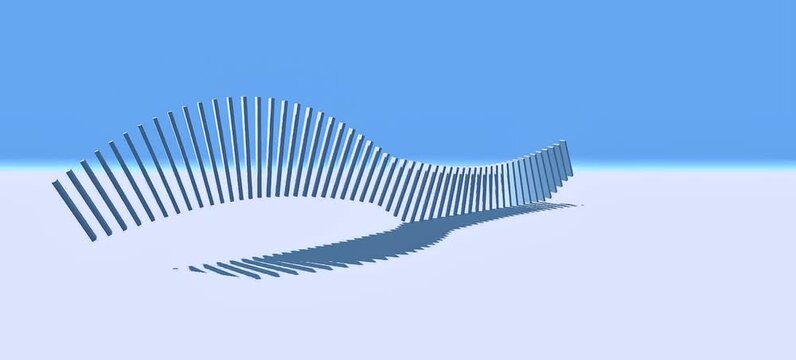 Abstract wave movement of blue rectangular pillars in minimalist 3d render against clear sky background with soft shadows.