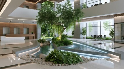 Fototapeta premium Modern lobby with indoor water feature and lush greenery bathed in natural light